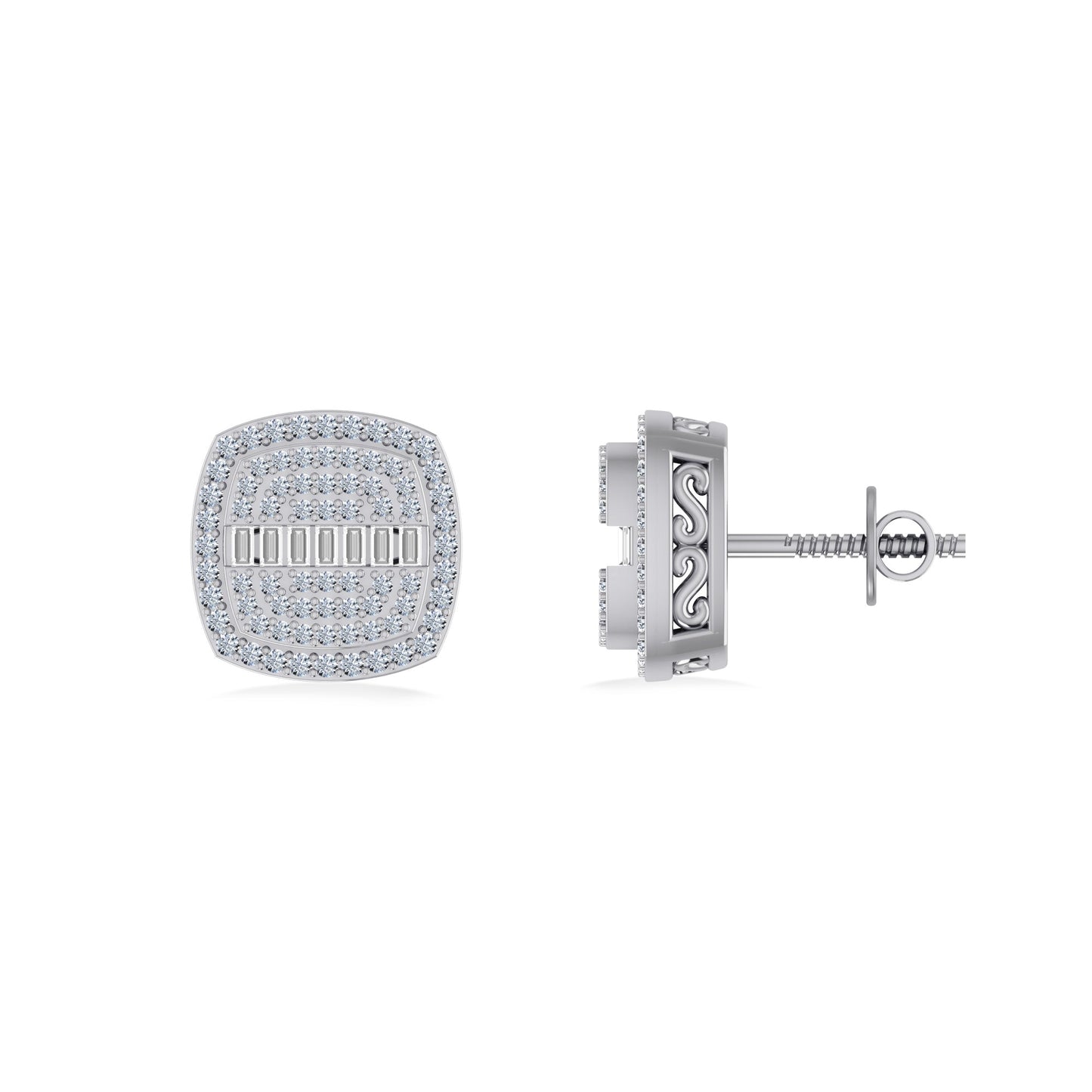 10K White Gold Round Baguette Diamond Square Shape Designer Mens Stud Earring 1/3 Cttw