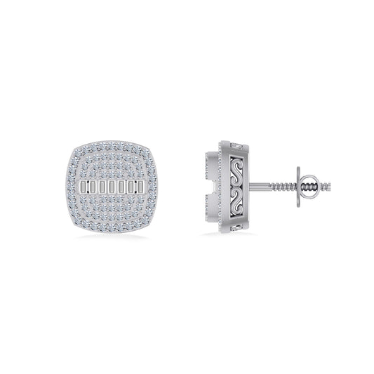 10K White Gold Round Baguette Diamond Square Shape Designer Mens Stud Earring 1/3 Cttw