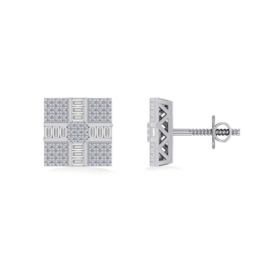 10K White Gold Round Baguette Diamond Square Shape Designer Mens Stud Earring 1/3 Cttw