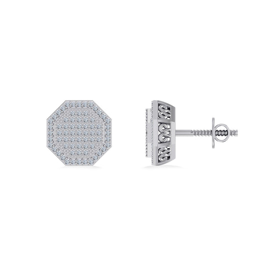 10K White Gold Round Diamond Octagon Shape Designer Mens Stud Earring 1/4 Cttw