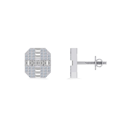 10K White Gold Round Baguette Diamond Designer Mens Stud Earring 1/3 Cttw