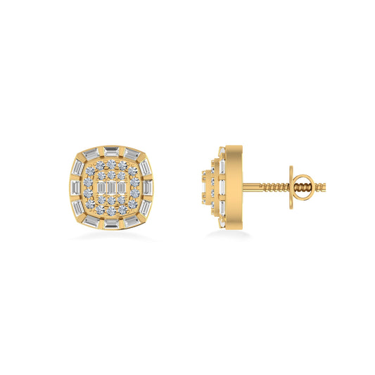 10K Yellow Gold Round Baguette Diamond Square Designer Earring 1/2 Cttw