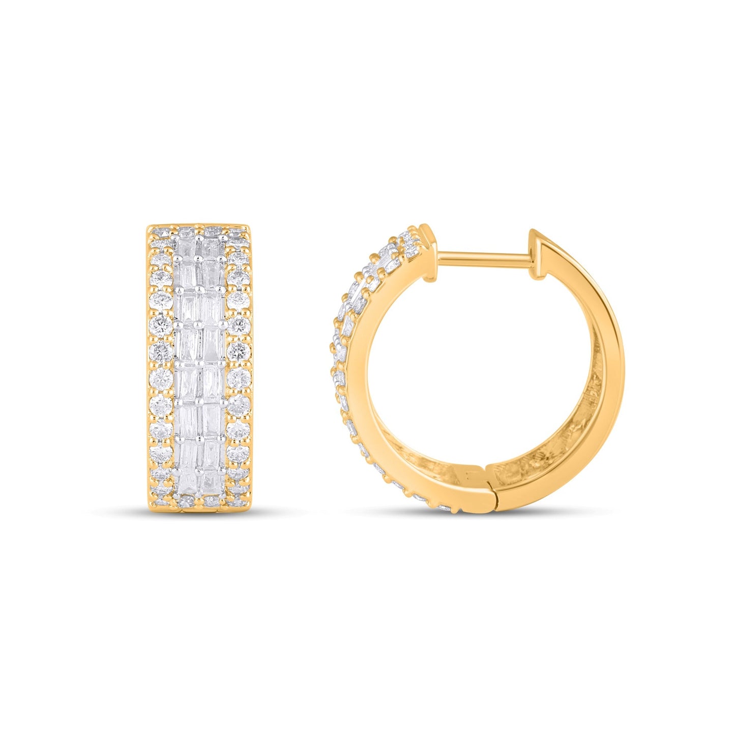 10K Yellow Gold Round Baguette Diamond 3 Row Designer Hoop Earring 1 Cttw
