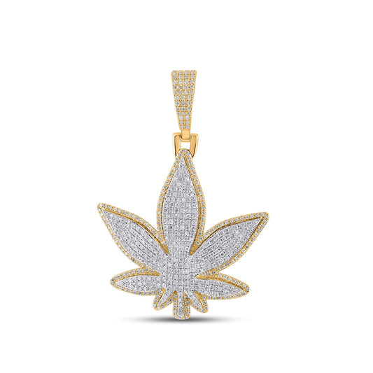 10K Yellow Gold Round Diamond Weed Leaf Pendant 1-1/2 Cttw