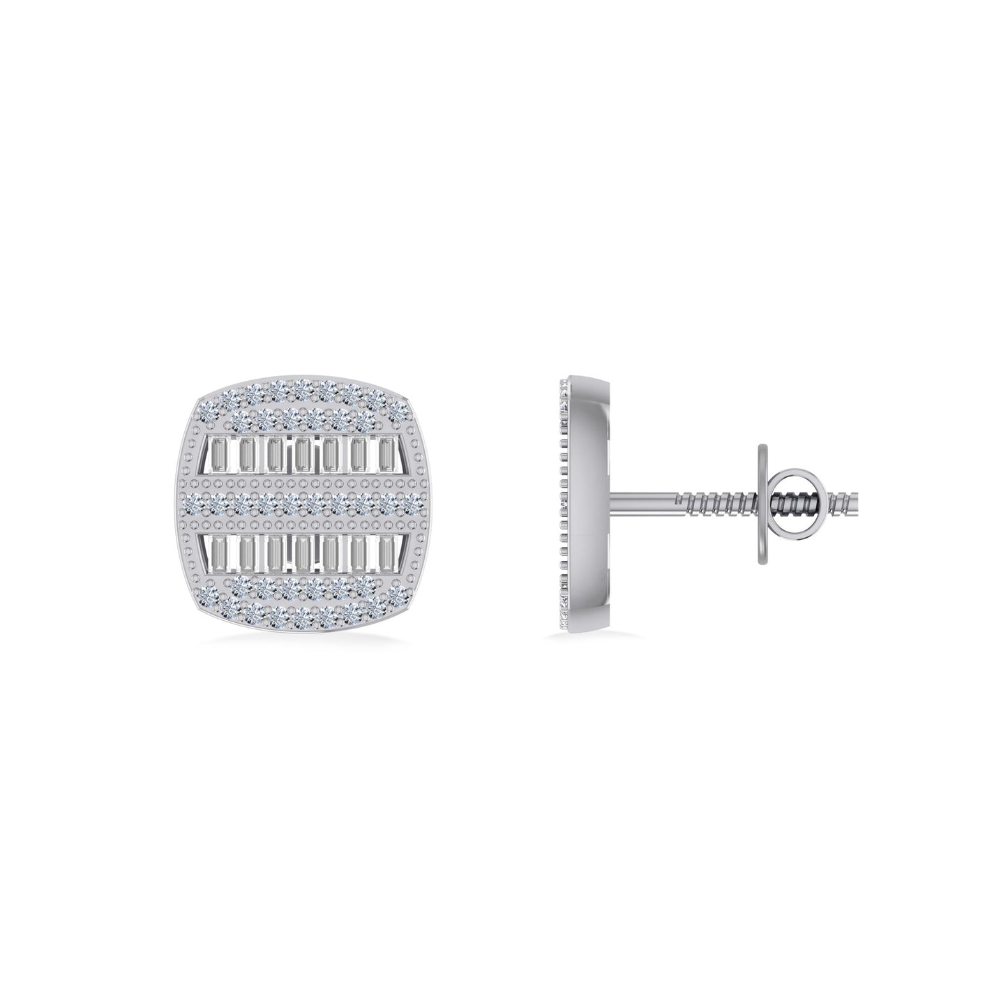 Sterling Silver Round Baguette Diamond Square Shape Mens Designer Stud Earring 1/3 Cttw