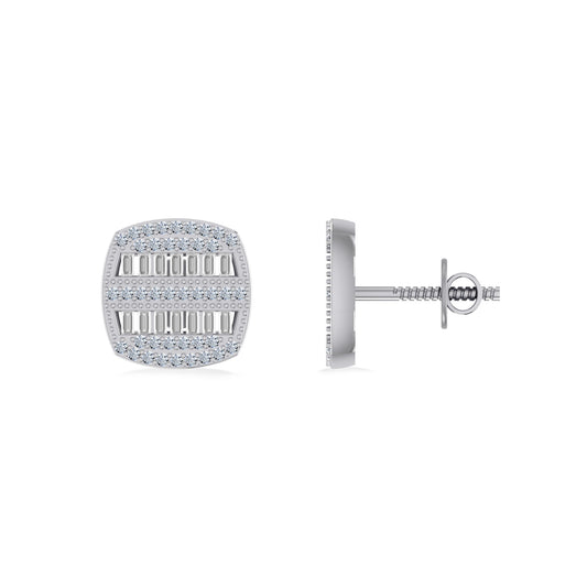 Sterling Silver Round Baguette Diamond Square Shape Mens Designer Stud Earring 1/3 Cttw