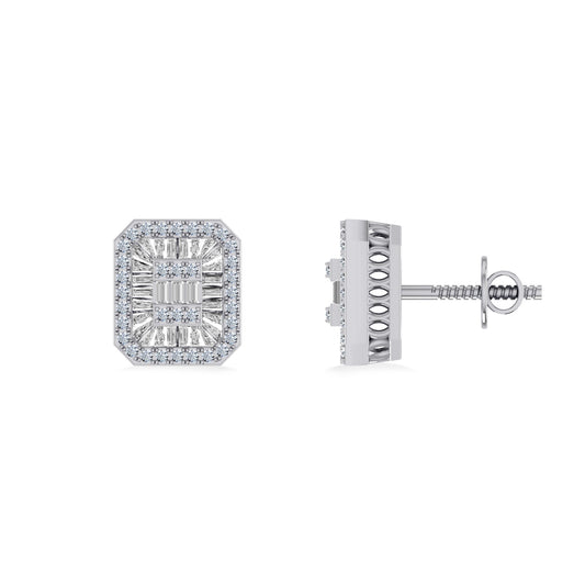 Sterling Silver Round Baguette Diamond Square Shape Mens Designer Stud Earring 1/3 Cttw