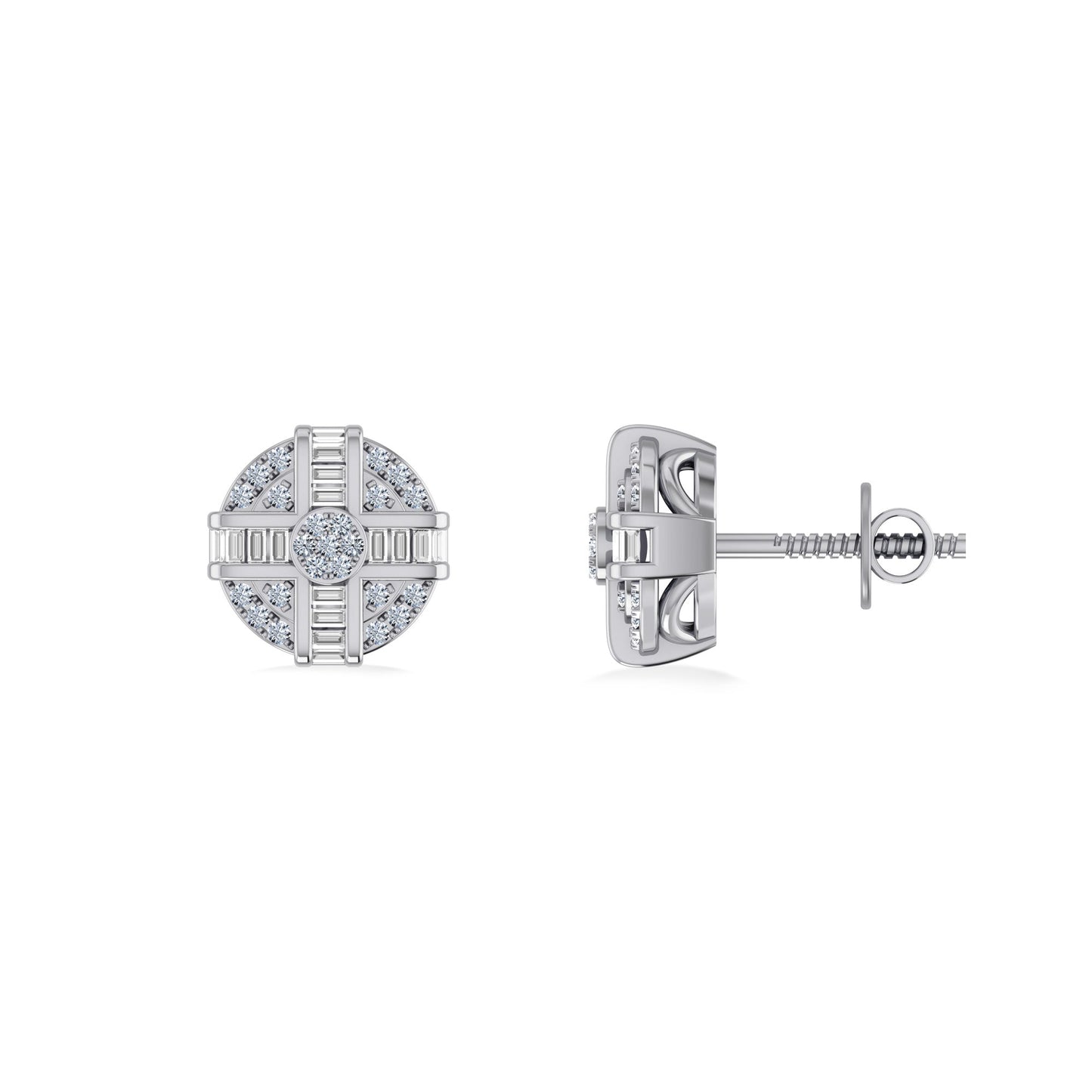 Sterling Silver Round Baguette Diamond Mens Designer Stud Earring 1/5 Cttw