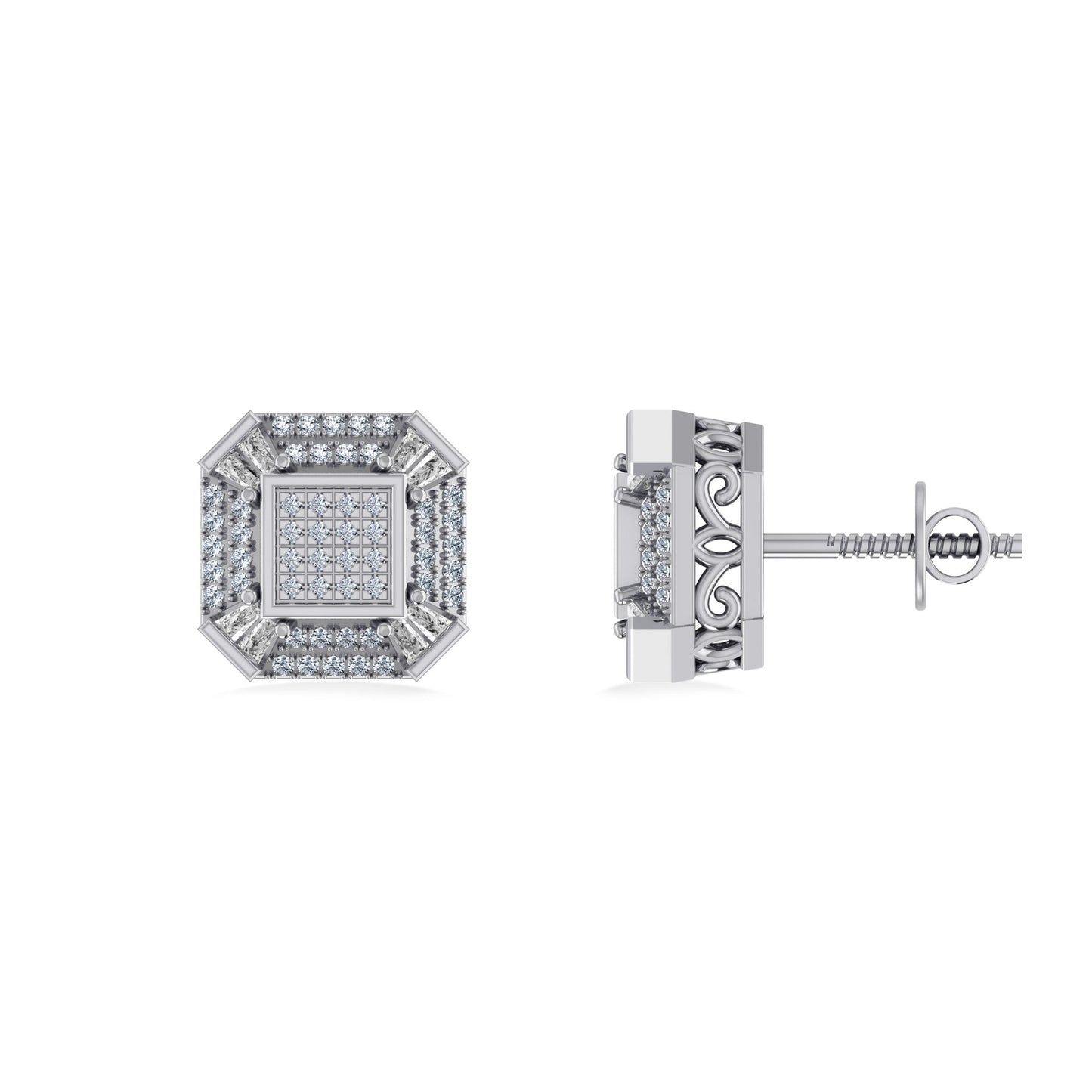 Sterling Silver Round Baguette Diamond Mens Designer Stud Earring 1/3 Cttw