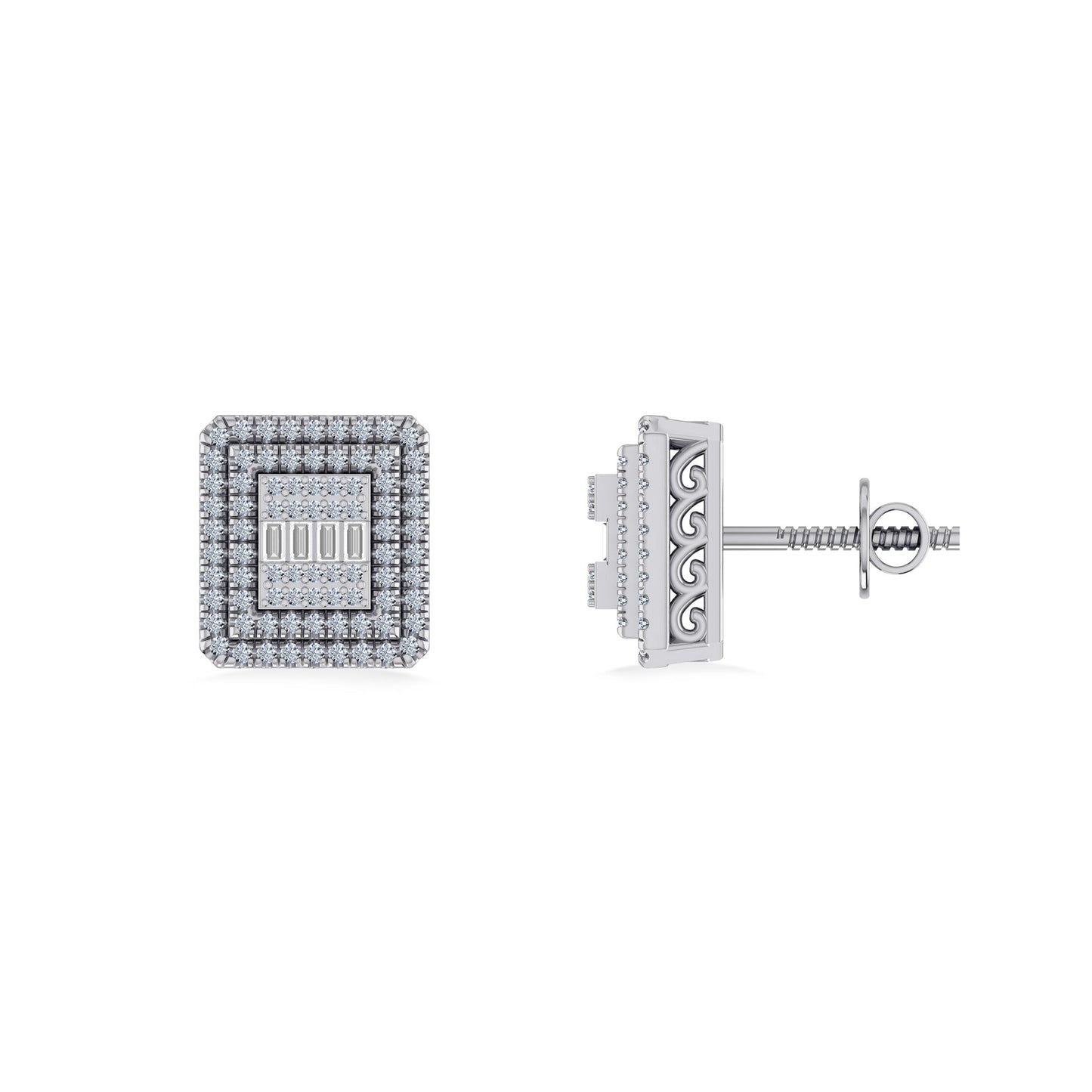 Sterling Silver Round Baguette Diamond Square Shape Mens Designer Stud Earring 1/3 Cttw