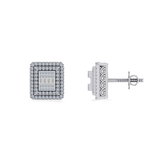 Sterling Silver Round Baguette Diamond Square Shape Mens Designer Stud Earring 1/3 Cttw
