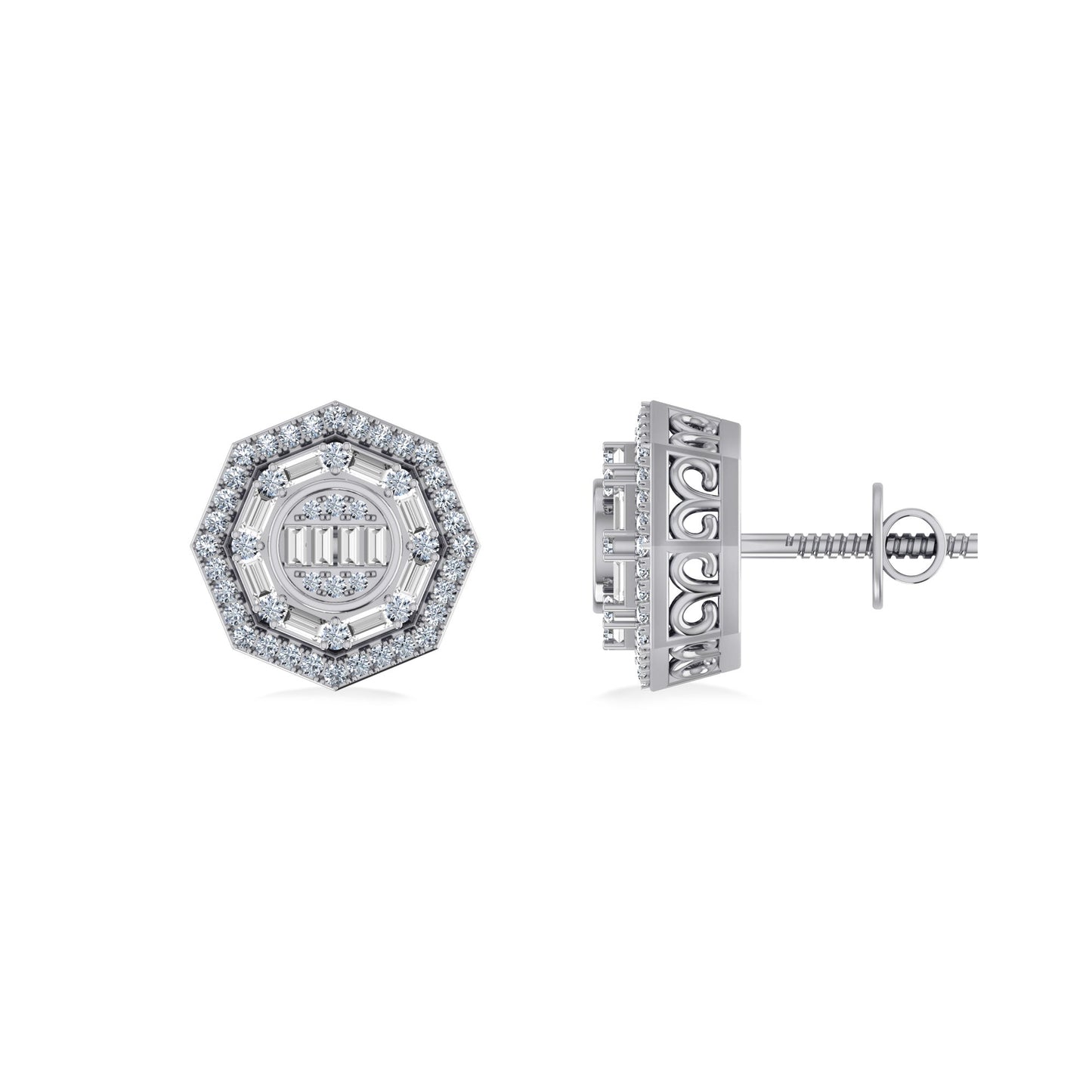 Sterling Silver Round Baguette Diamond Designer Stud Earring 1/3 Cttw