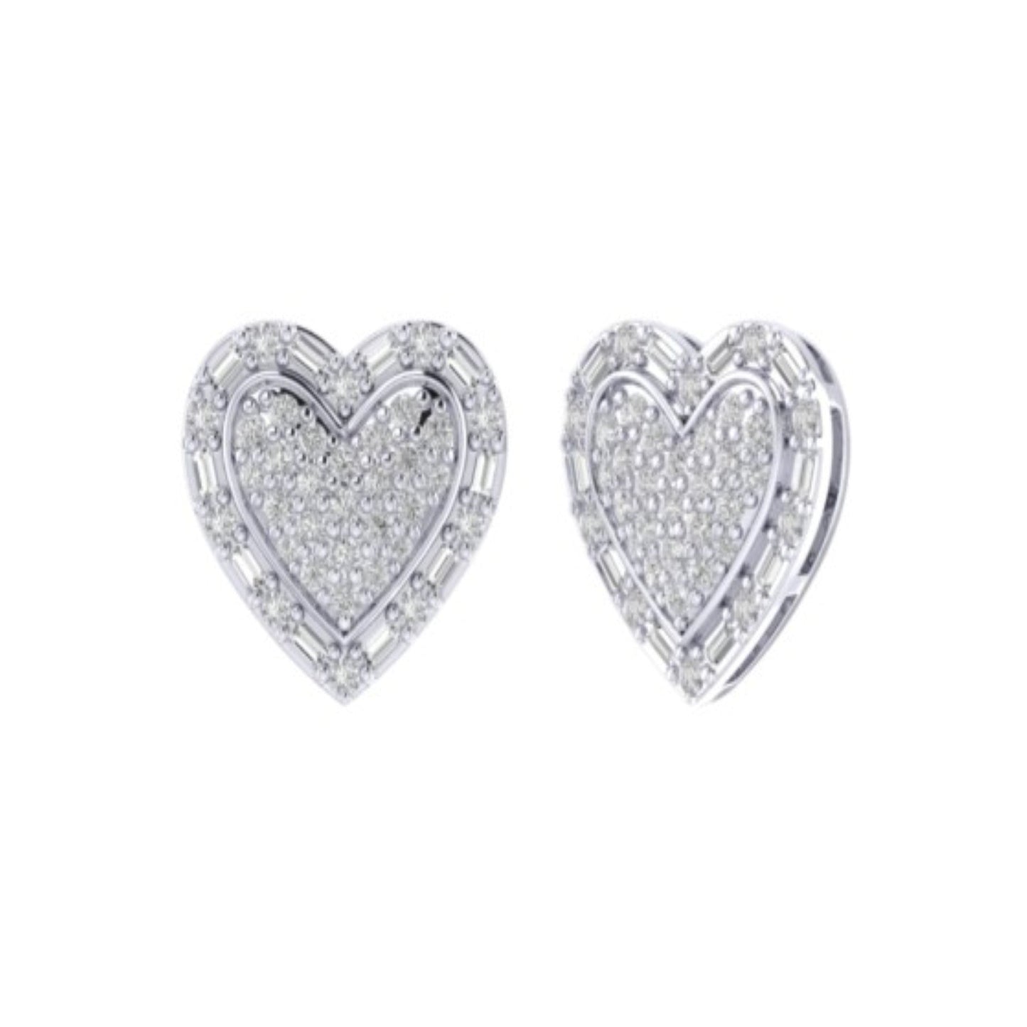 Sterling Silver Round Baguette Diamond Heart Shape Designer Stud Earring 1/2 Cttw