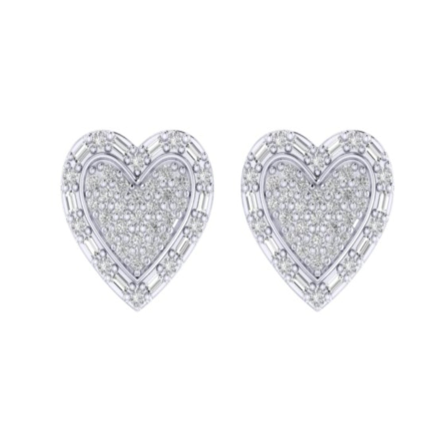Sterling Silver Round Baguette Diamond Heart Shape Designer Stud Earring 1/2 Cttw