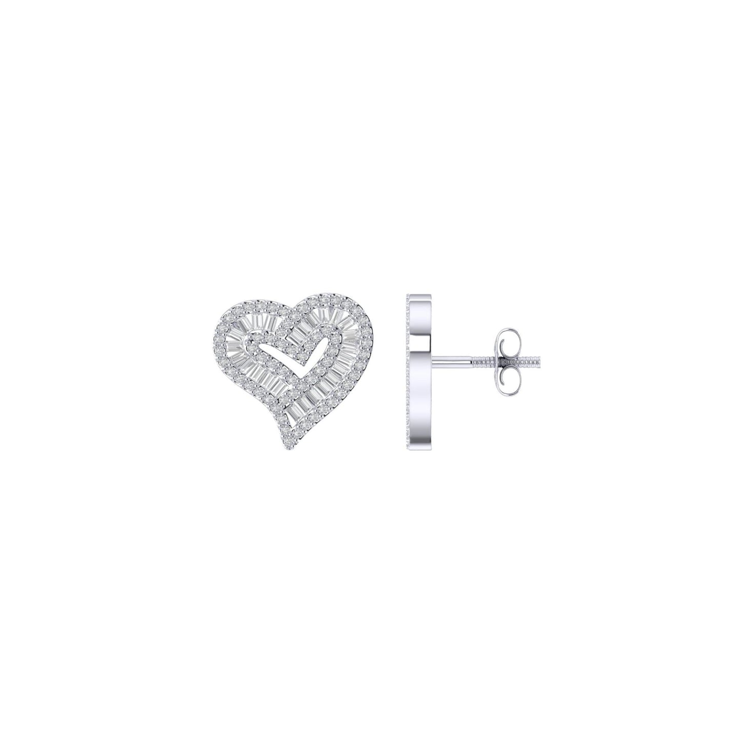 Sterling Silver Round Baguette Diamond Heart Stud Earring 1/2 Cttw