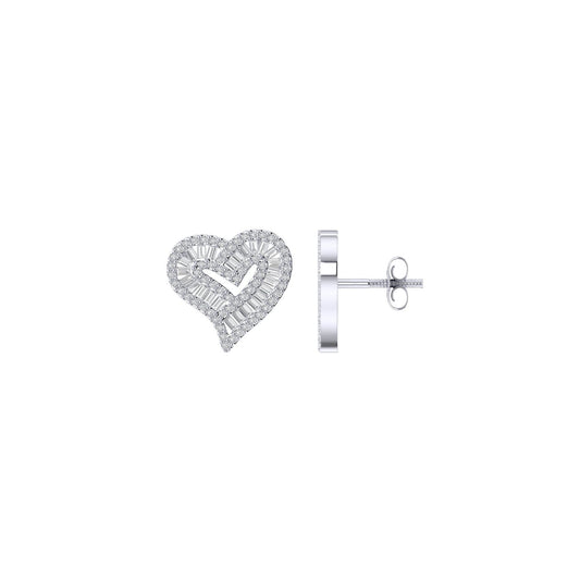 Sterling Silver Round Baguette Diamond Heart Stud Earring 1/2 Cttw