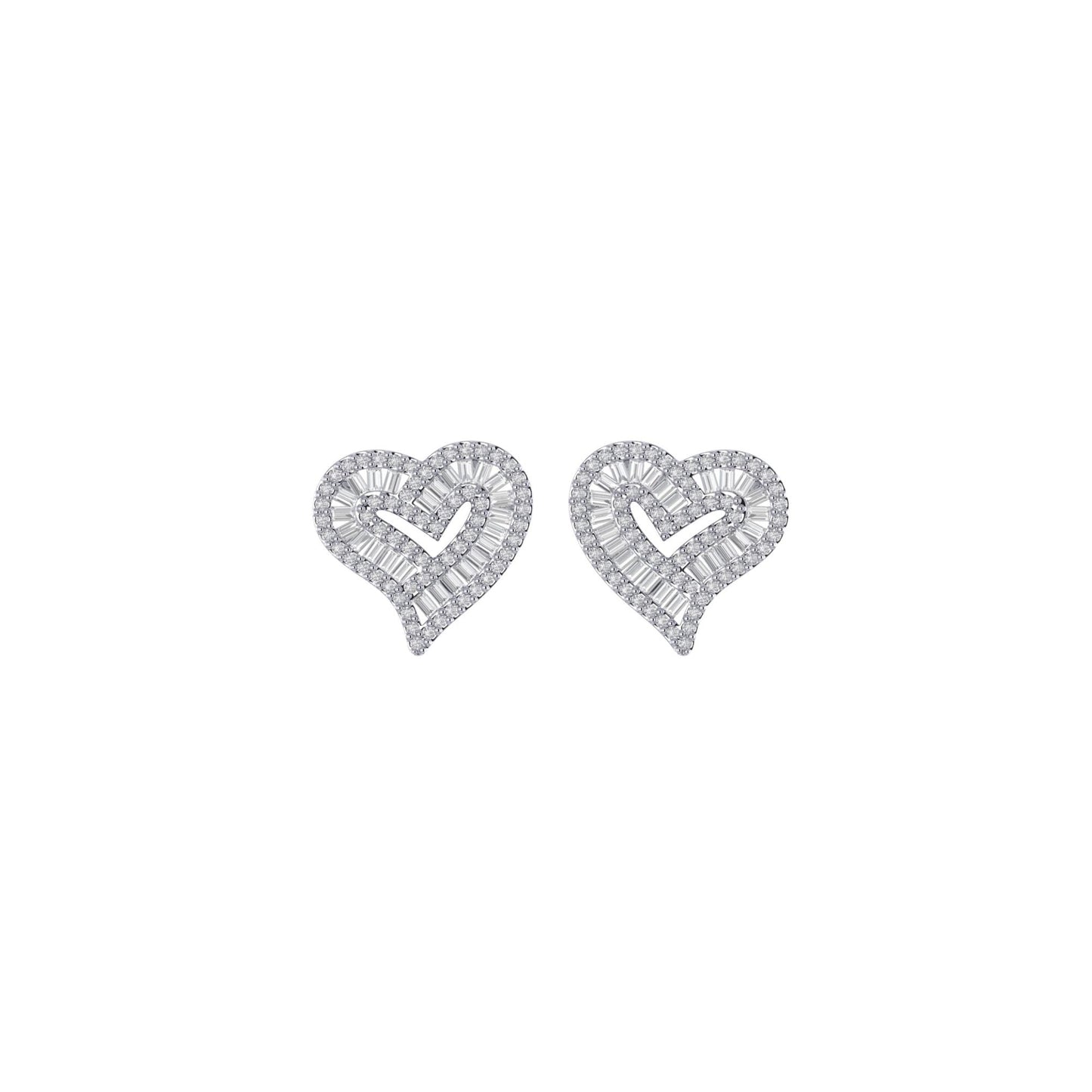 Sterling Silver Round Baguette Diamond Heart Stud Earring 1/2 Cttw