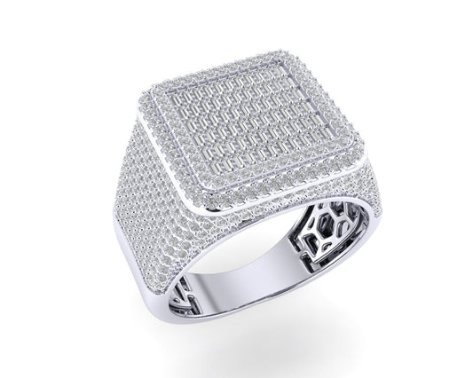 S.Silver Round Baguette Diamond SZ 10 Mens Designer Ring 1-5/8 Cttw