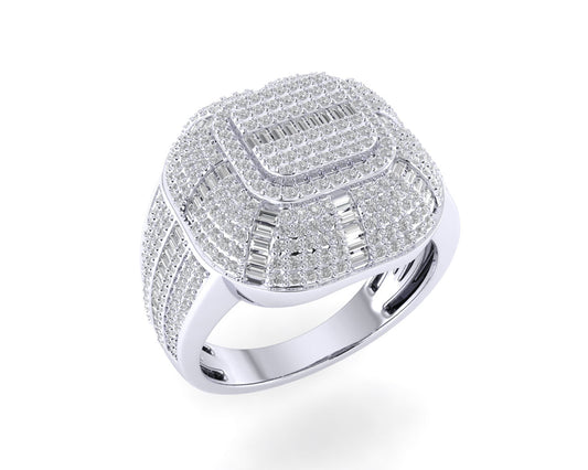 Sterling Silver Round Baguette Diamond SZ 10 Mens Designer Ring 1-1/2 Cttw