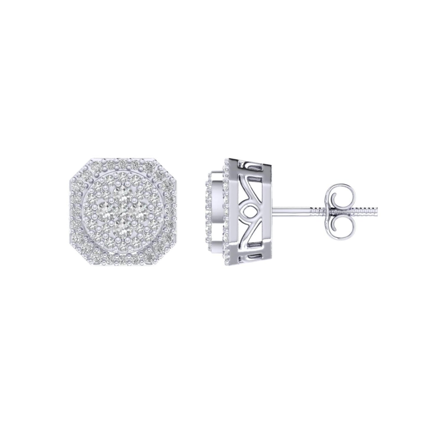 Sterling Silver Round Diamond Octagon Shape Designer Stud Earring RP 3/8 Cttw