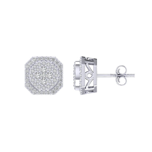 Sterling Silver Round Diamond Octagon Shape Designer Stud Earring RP 3/8 Cttw