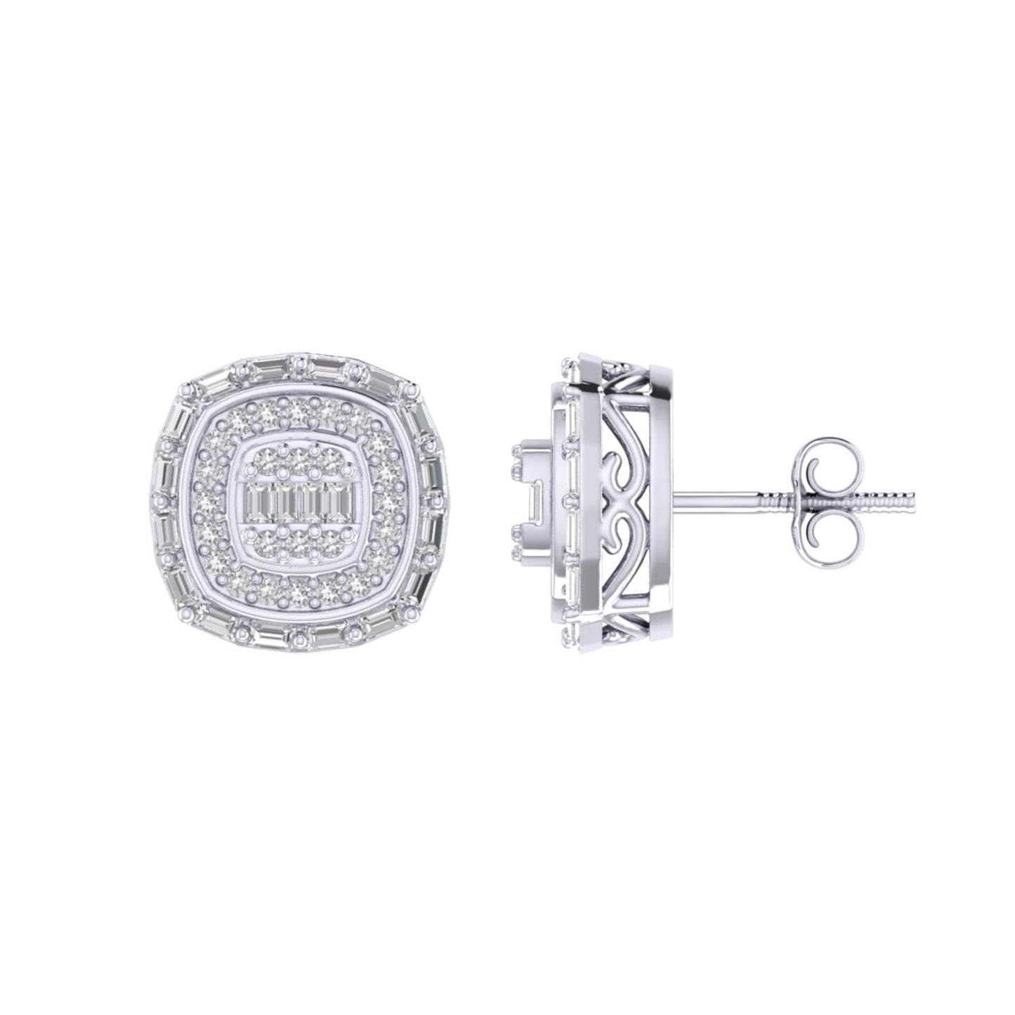 Sterling Silver Round Baguette Diamond Square Shape Designer Stud Earring RP 3/8 Cttw