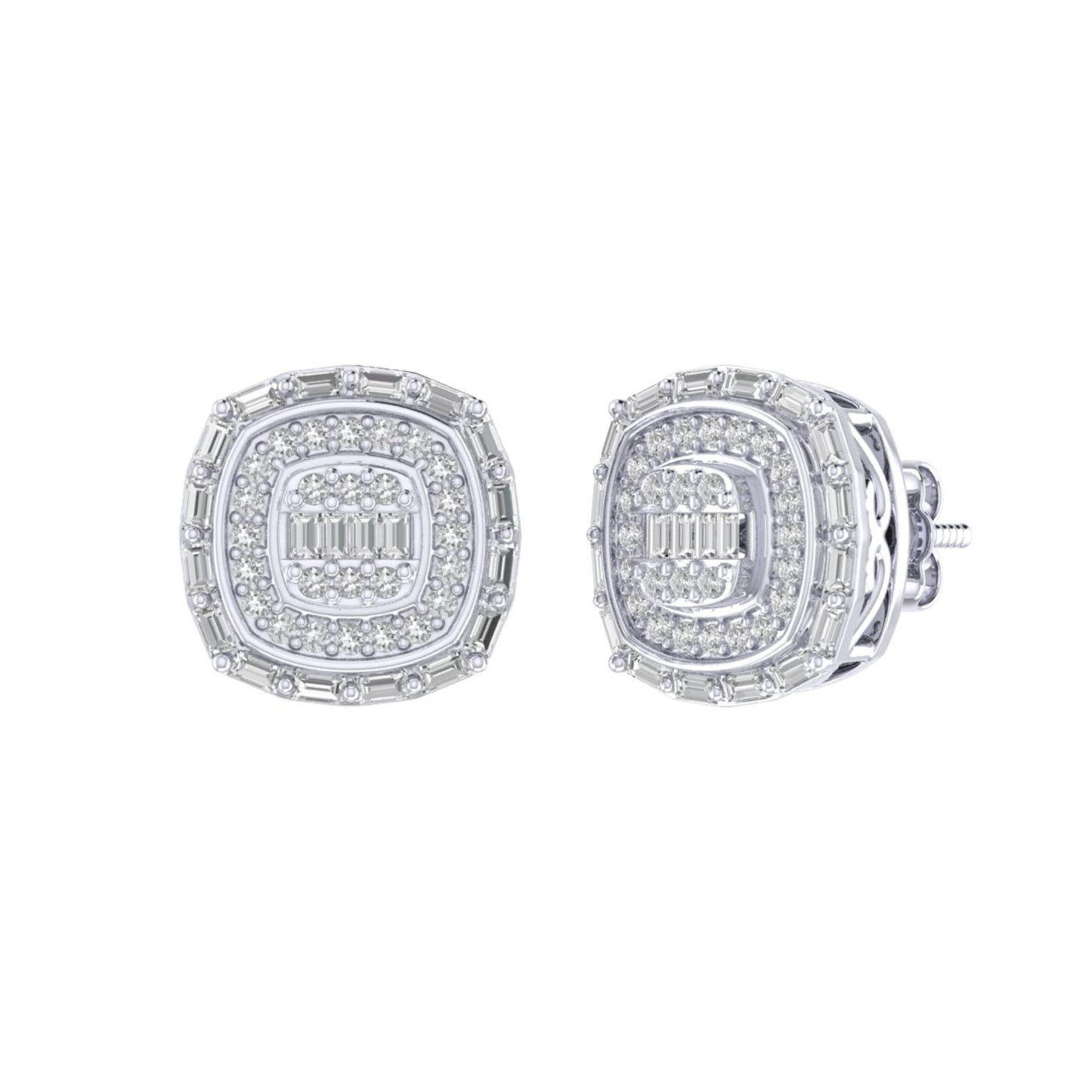 Sterling Silver Round Baguette Diamond Square Shape Designer Stud Earring RP 3/8 Cttw