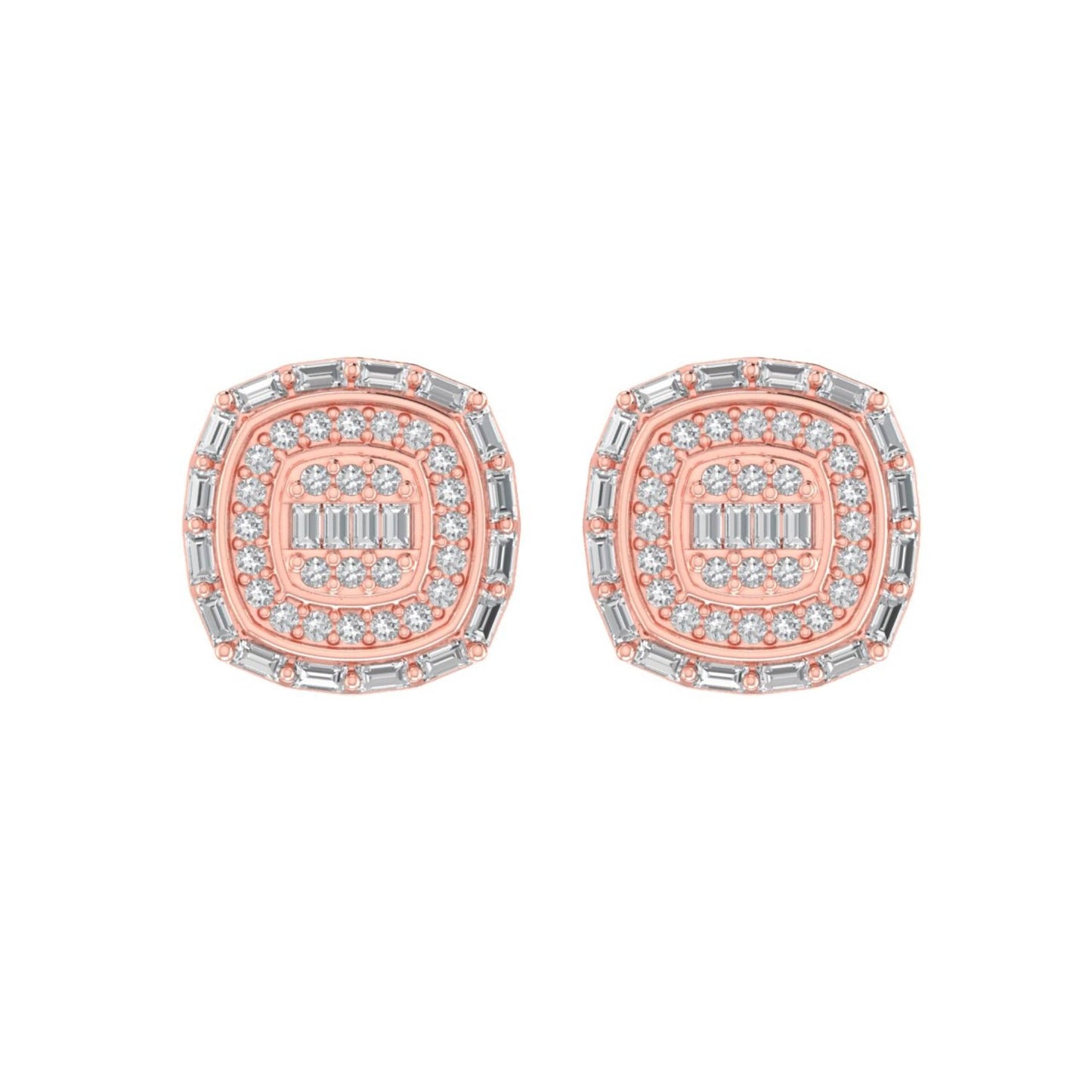 Sterling Silver Round Baguette Diamond Square Shape Designer Stud Earring RP+PP 1/3 Cttw