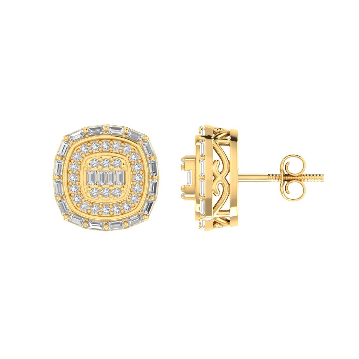 Sterling Silver Round Baguette Diamond Square Shape Designer Stud Earring RP+GP 1/3 Cttw