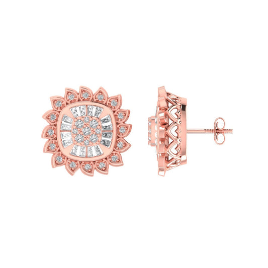 Sterling Silver Round Baguette Diamond Square Flower Designer Stud Earring RP+PP 3/8 Cttw
