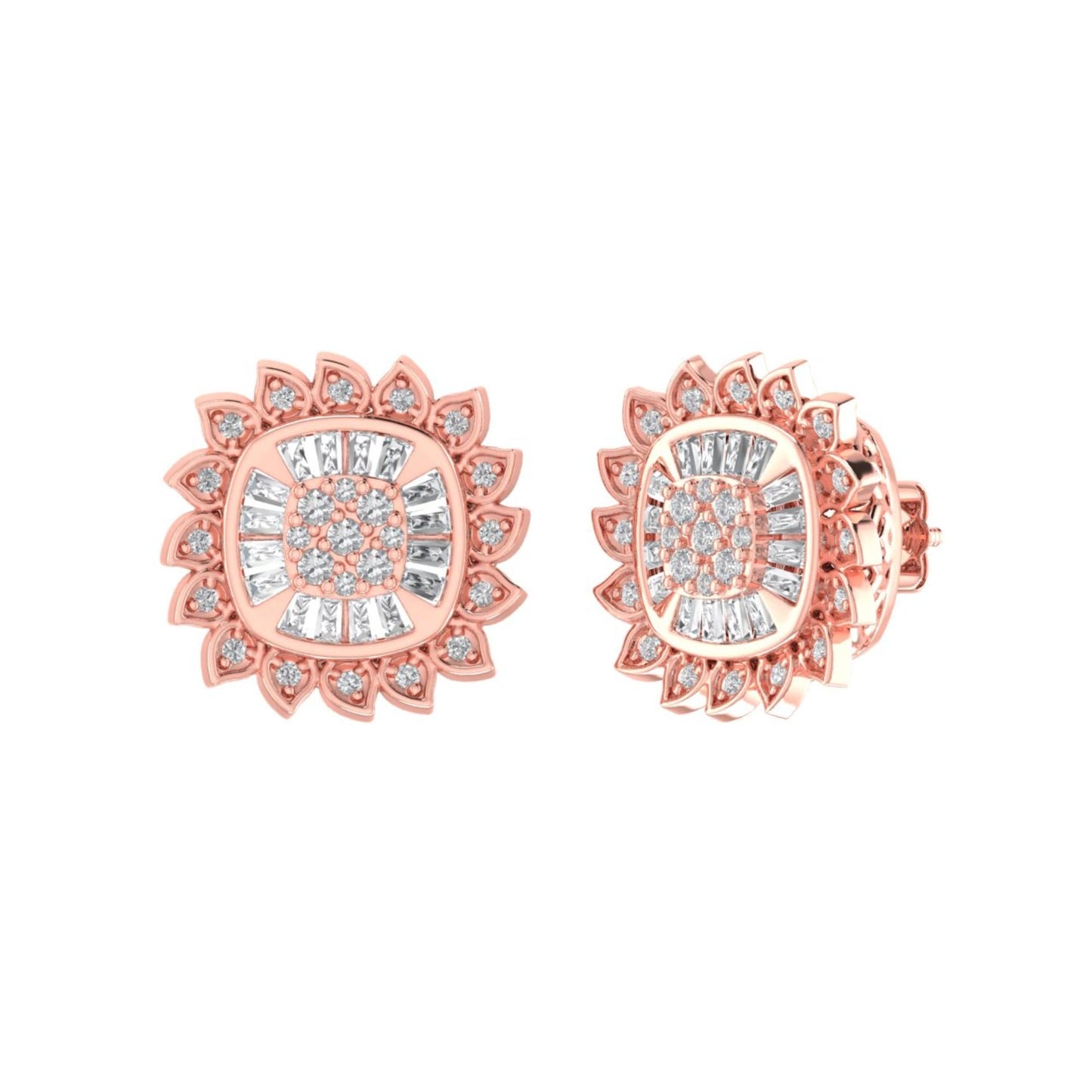 Sterling Silver Round Baguette Diamond Square Flower Designer Stud Earring RP+PP 3/8 Cttw