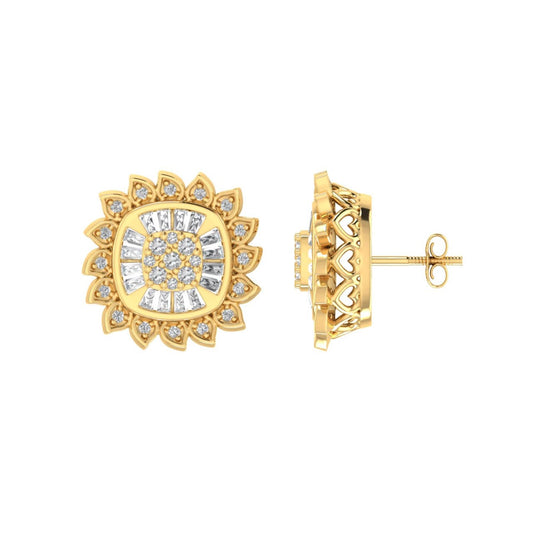 Sterling Silver Round Baguette Diamond Square Flower Designer Stud Earring RP+GP 1/3 Cttw