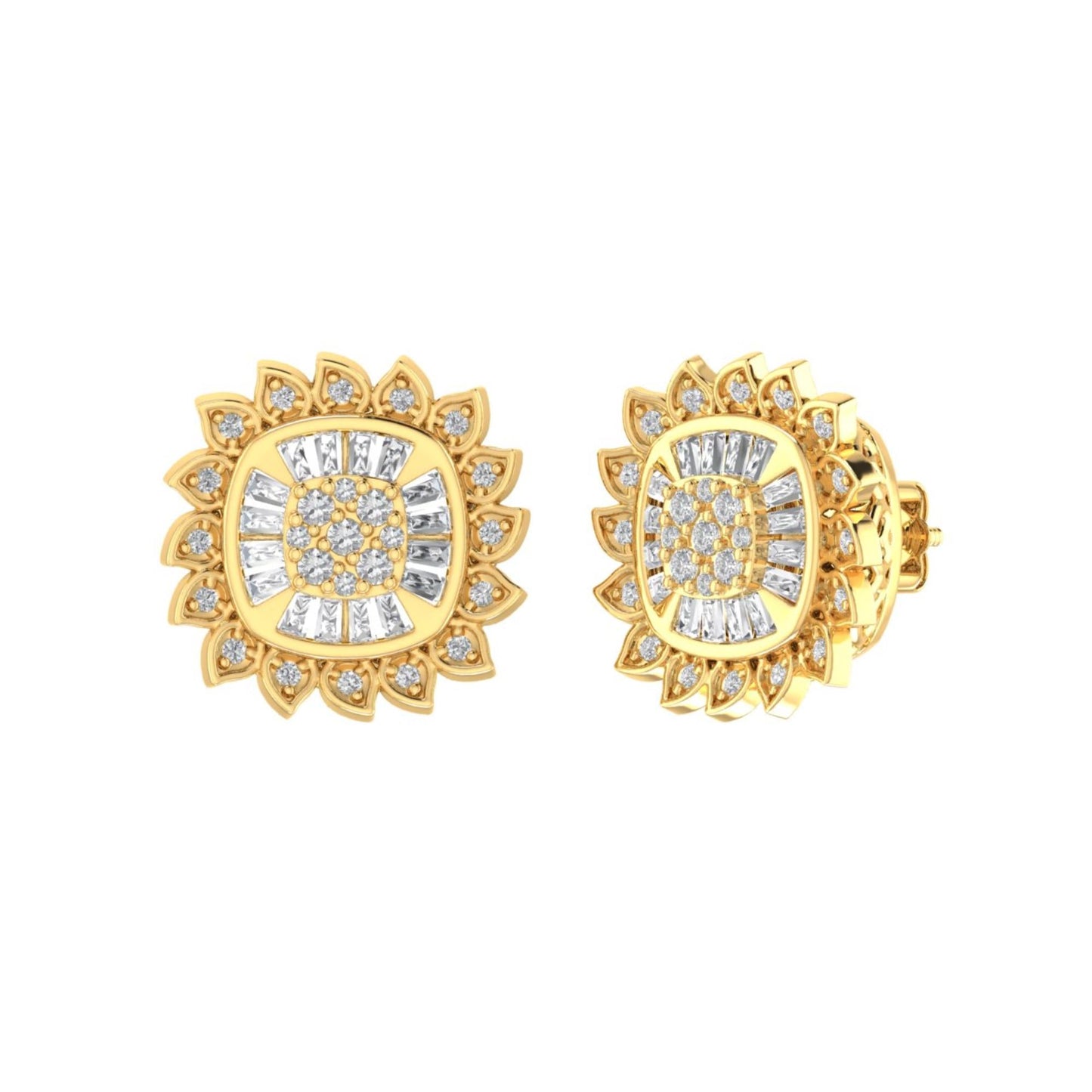 Sterling Silver Round Baguette Diamond Square Flower Designer Stud Earring RP+GP 1/3 Cttw