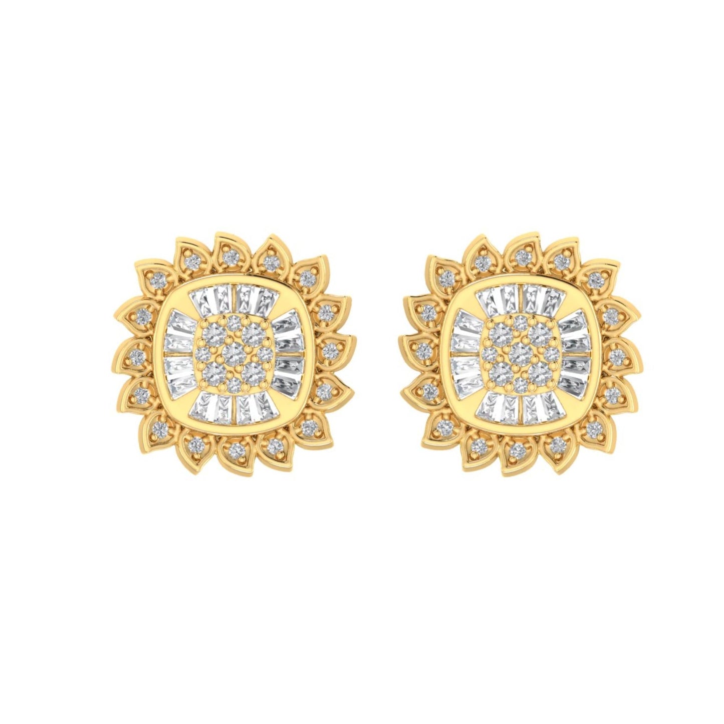 Sterling Silver Round Baguette Diamond Square Flower Designer Stud Earring RP+GP 1/3 Cttw