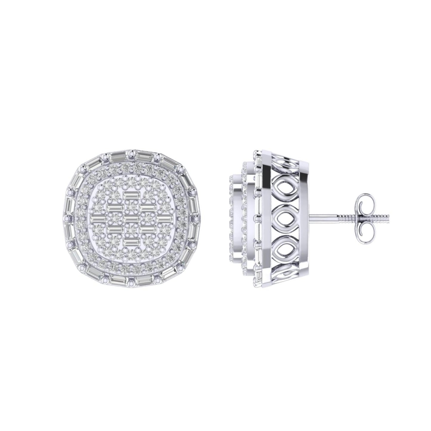 Sterling Silver Round Baguette Diamond Square Designer Stud Earring RP 5/8 Cttw