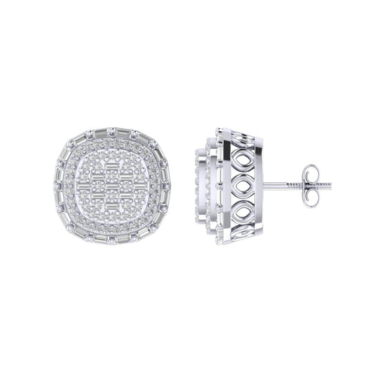 Sterling Silver Round Baguette Diamond Square Designer Stud Earring RP 5/8 Cttw