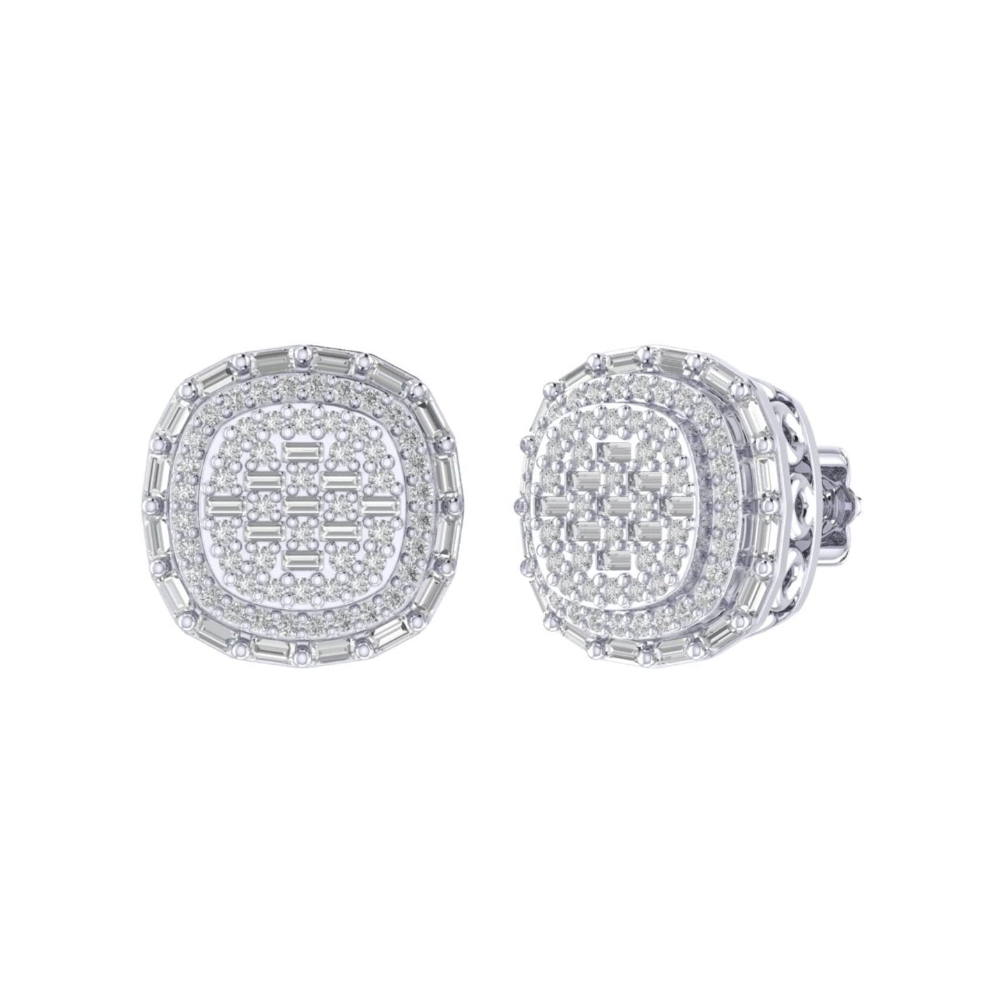 Sterling Silver Round Baguette Diamond Square Designer Stud Earring RP 5/8 Cttw
