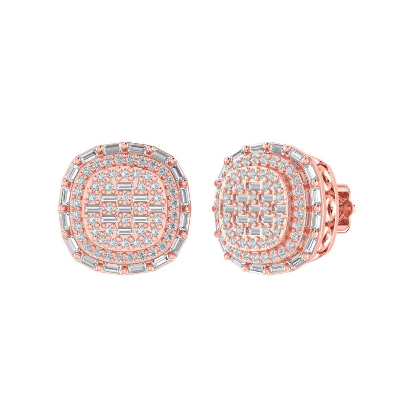 Sterling Silver Round Baguette Diamond Square Designer Stud Earring RP+PP 5/8 Cttw