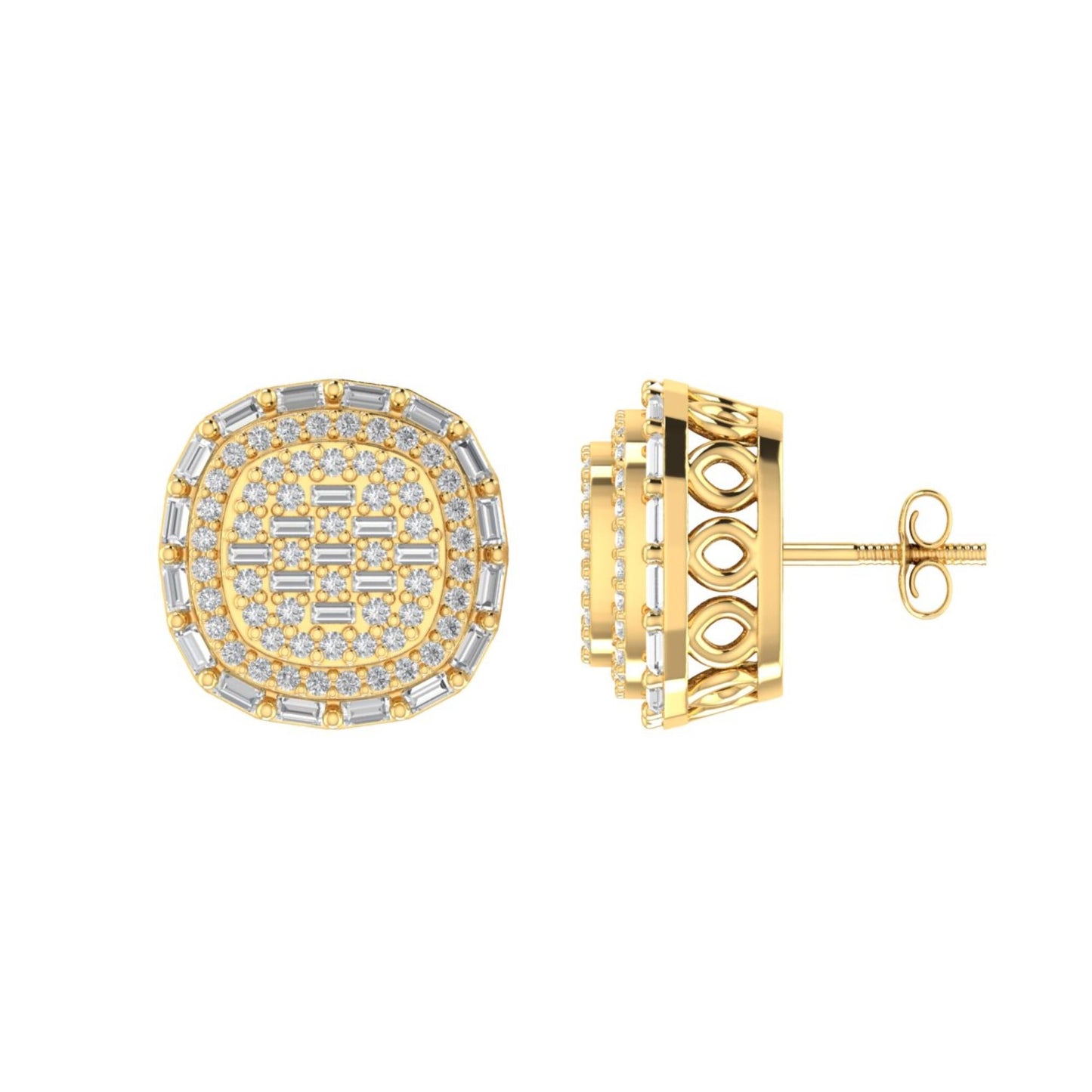 Sterling Silver Round Baguette Diamond Square Designer Stud Earring RP+GP 5/8 Cttw