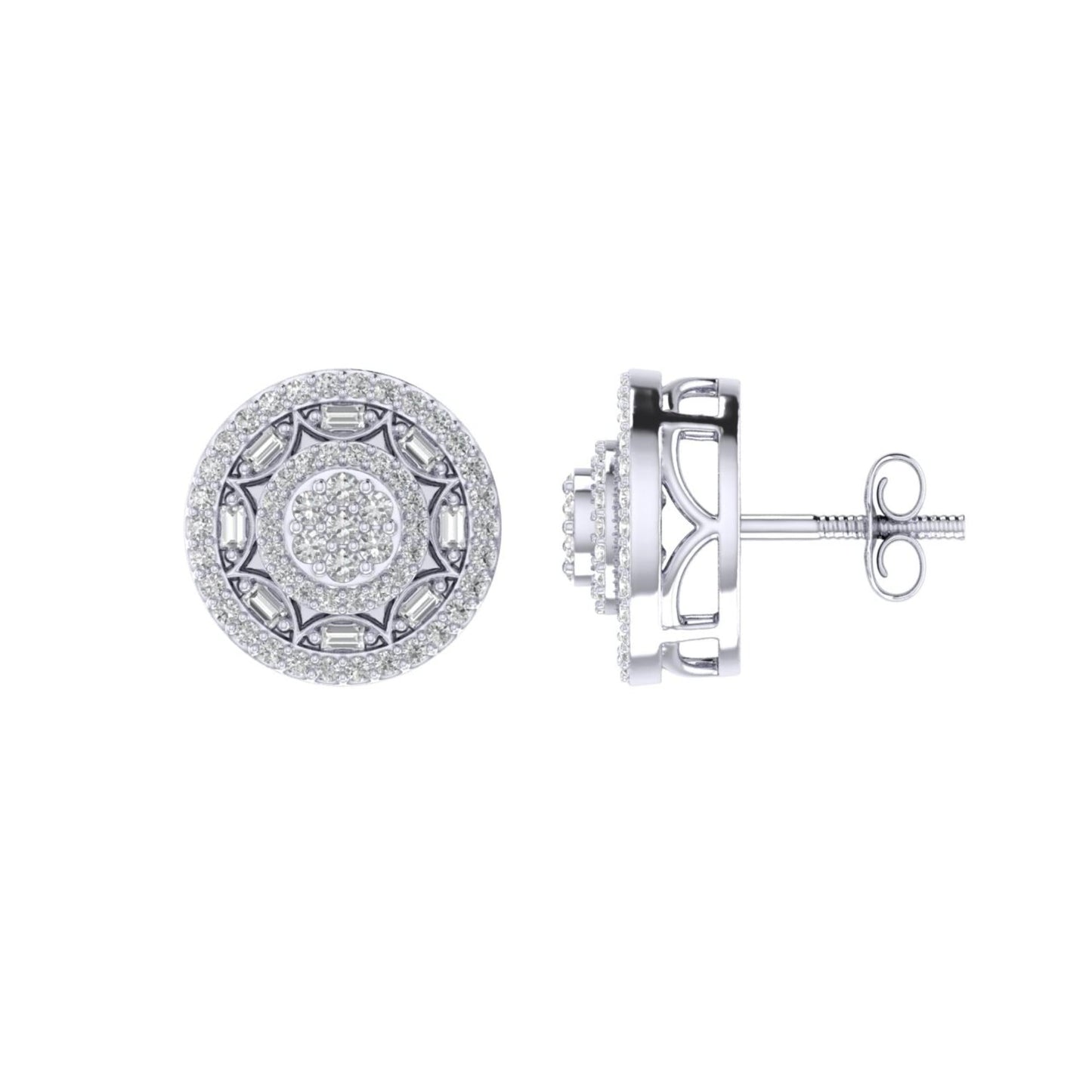 Sterling Silver Round Baguette Diamond Circle Flower Designer Stud Earring RP 1/2 Cttw