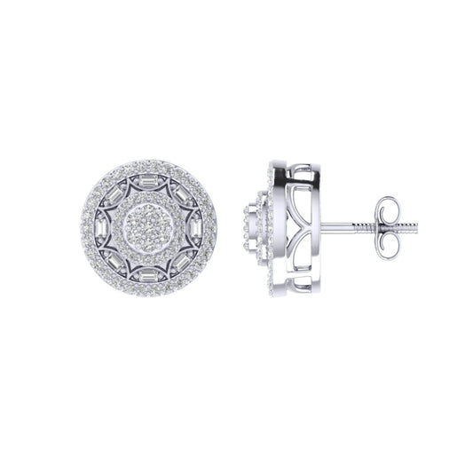 Sterling Silver Round Baguette Diamond Circle Flower Designer Stud Earring RP 1/2 Cttw