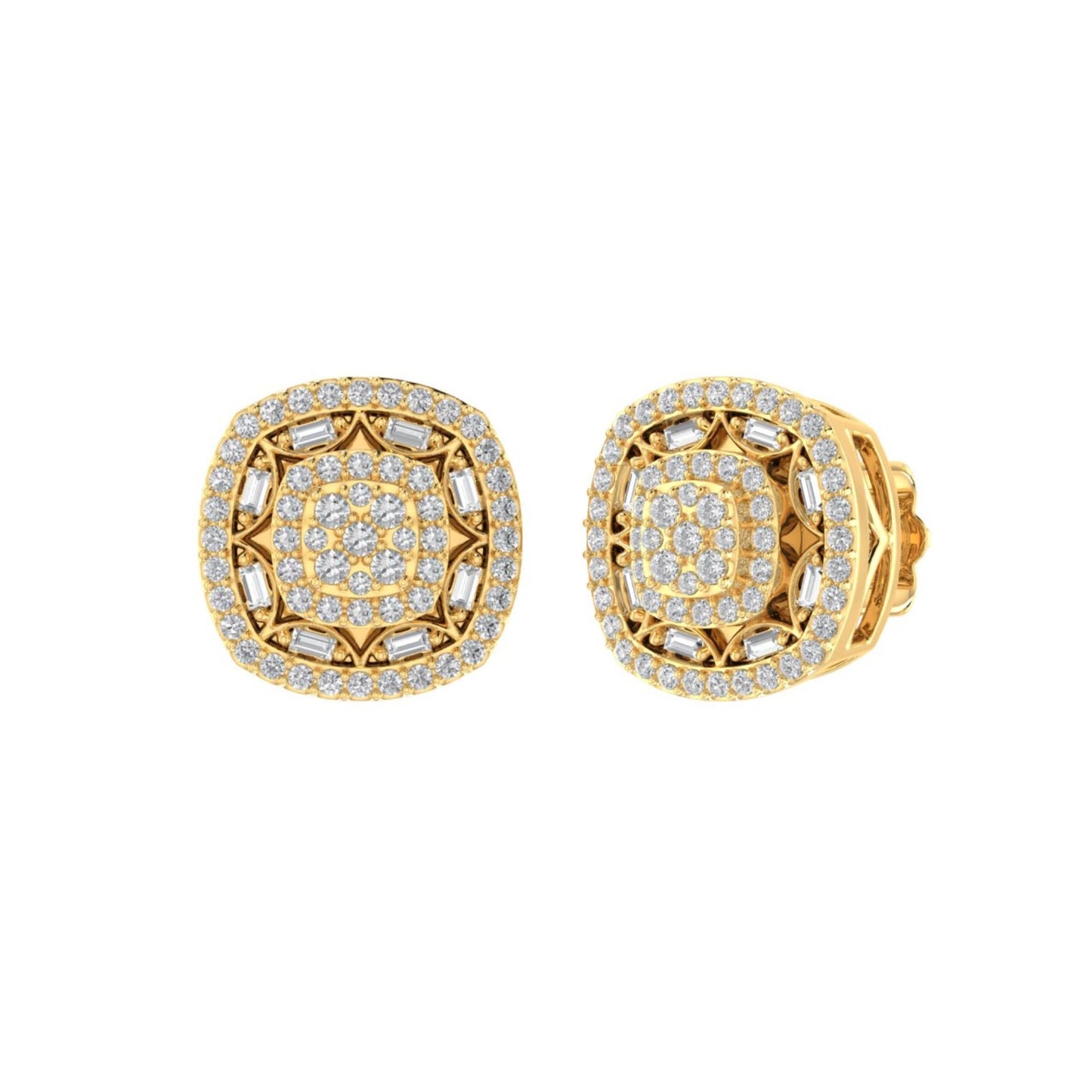 Sterling Silver Round Baguette Diamond Square Flower Designer Stud Earring RP+GP 1/2 Cttw