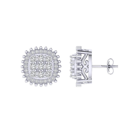 Sterling Silver Round Diamond Cushion Designer Stud Earring RP 3/8 Cttw