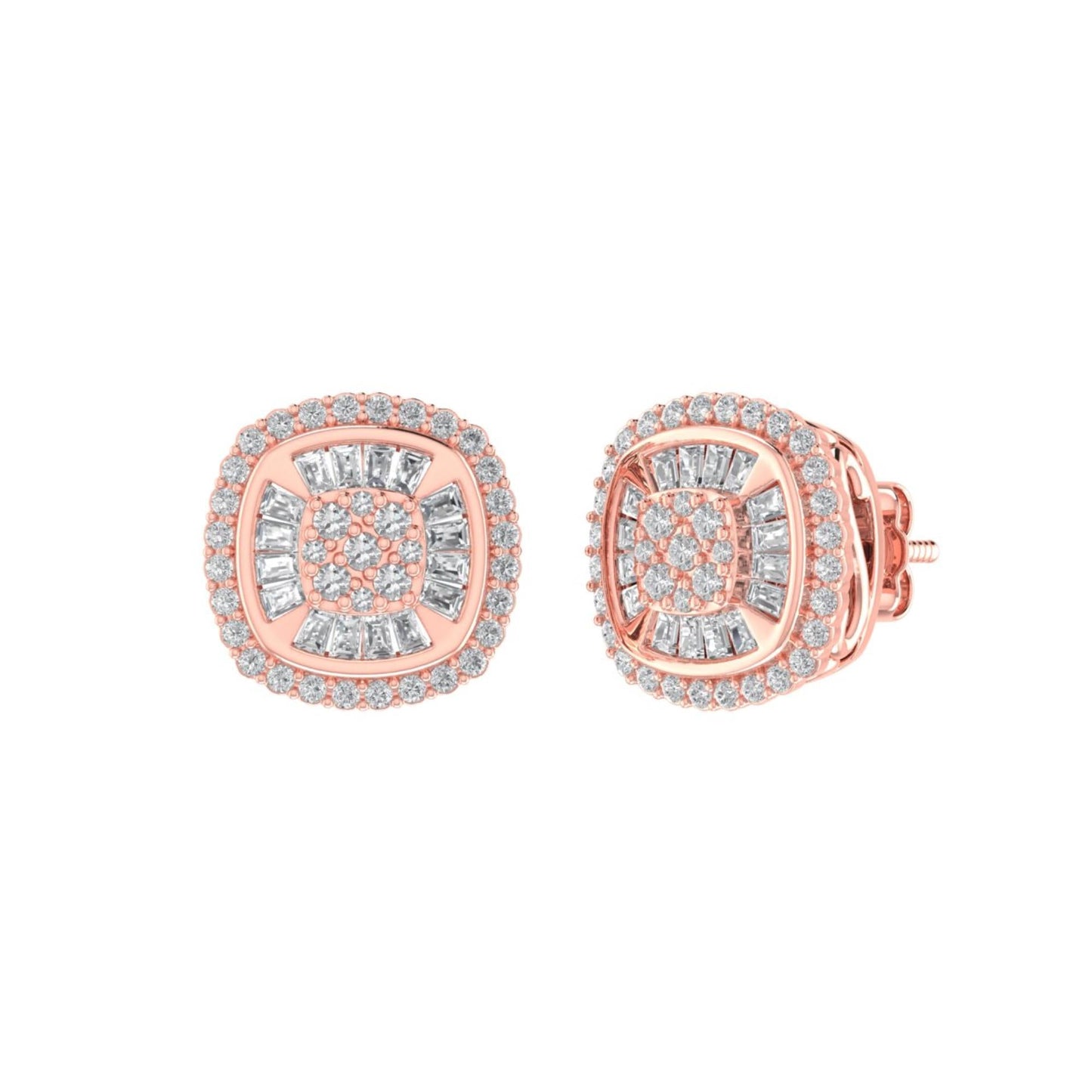 Sterling Silver Round Baguette Diamond Square Shape Designer Stud Earring RP+PP 3/8 Cttw