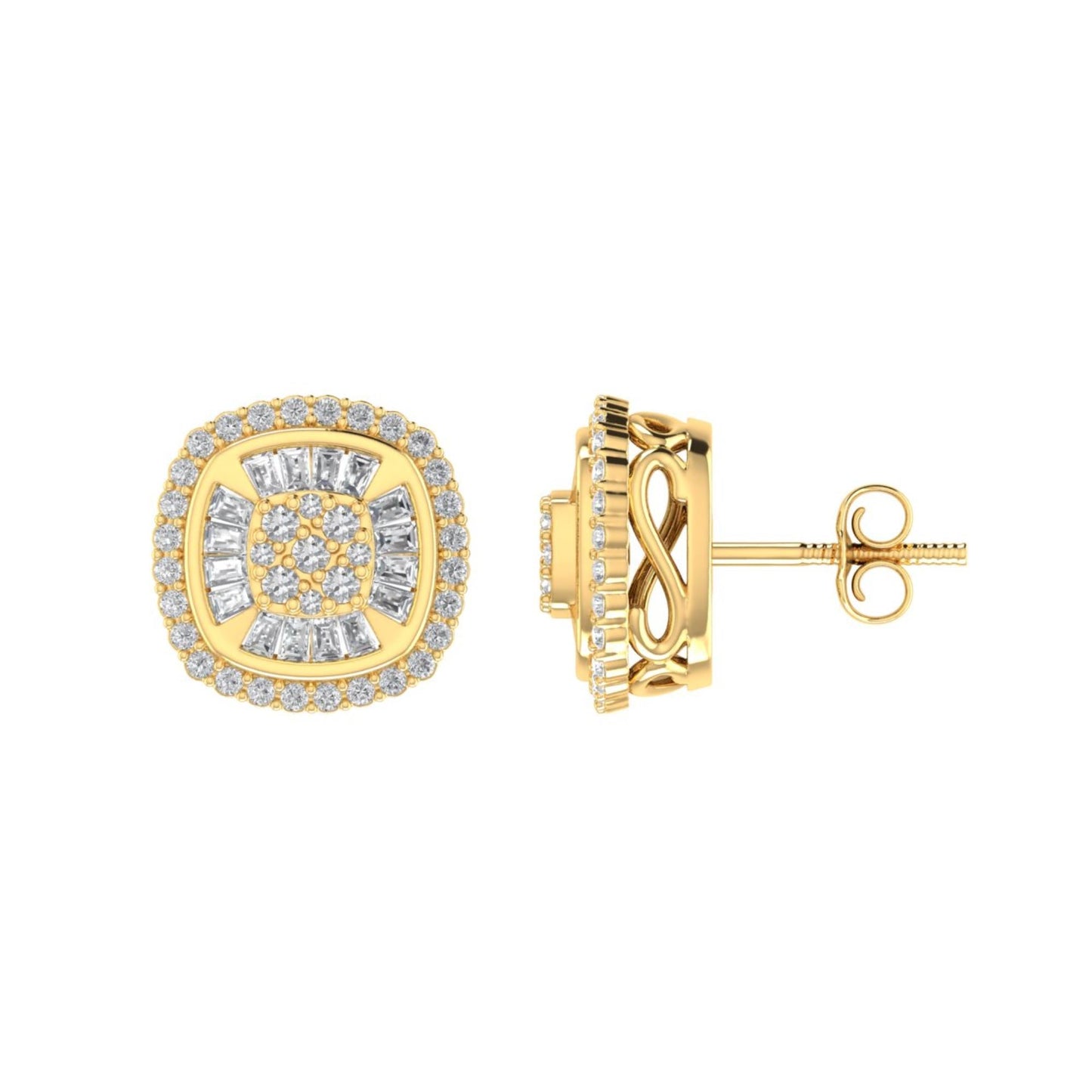 Sterling Silver Round Baguette Diamond Square Shape Designer Stud Earring RP+GP 3/8 Cttw