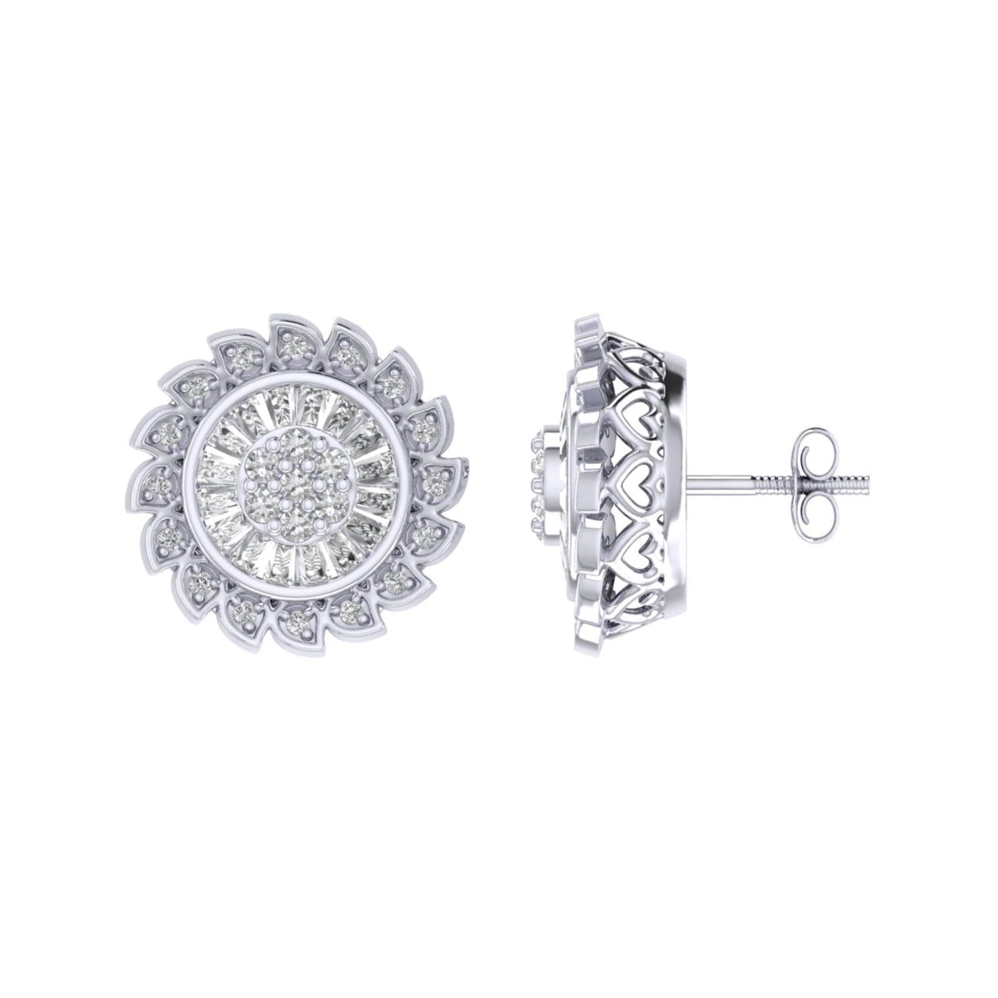 Sterling Silver Round Baguette Diamond Flower Designer Stud Earring RP 3/8 Cttw
