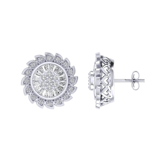 Sterling Silver Round Baguette Diamond Flower Designer Stud Earring RP 3/8 Cttw