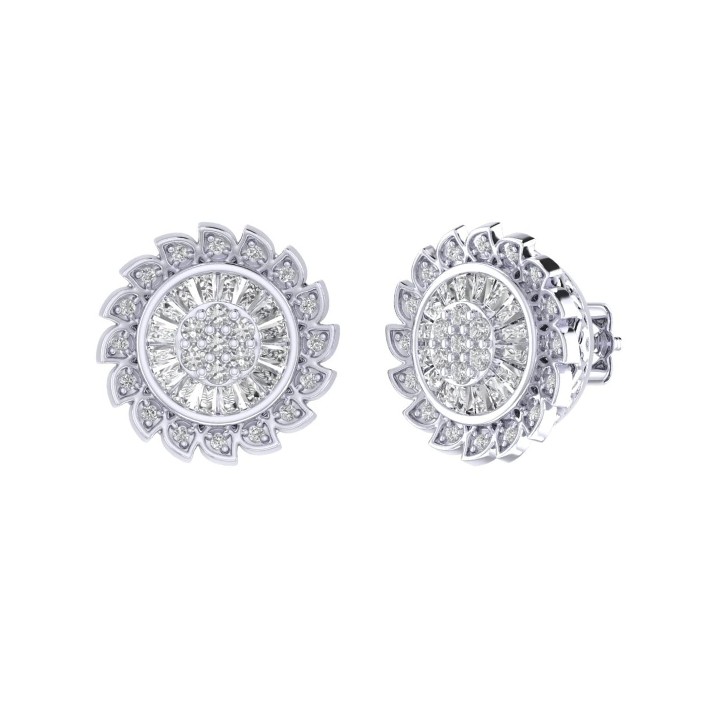 Sterling Silver Round Baguette Diamond Flower Designer Stud Earring RP 3/8 Cttw