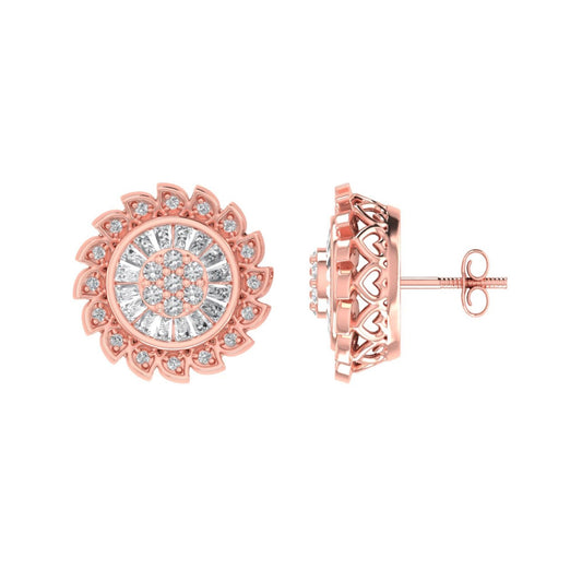 Sterling Silver Round Baguette Diamond Flower Designer Stud Earring RP+PP 3/8 Cttw