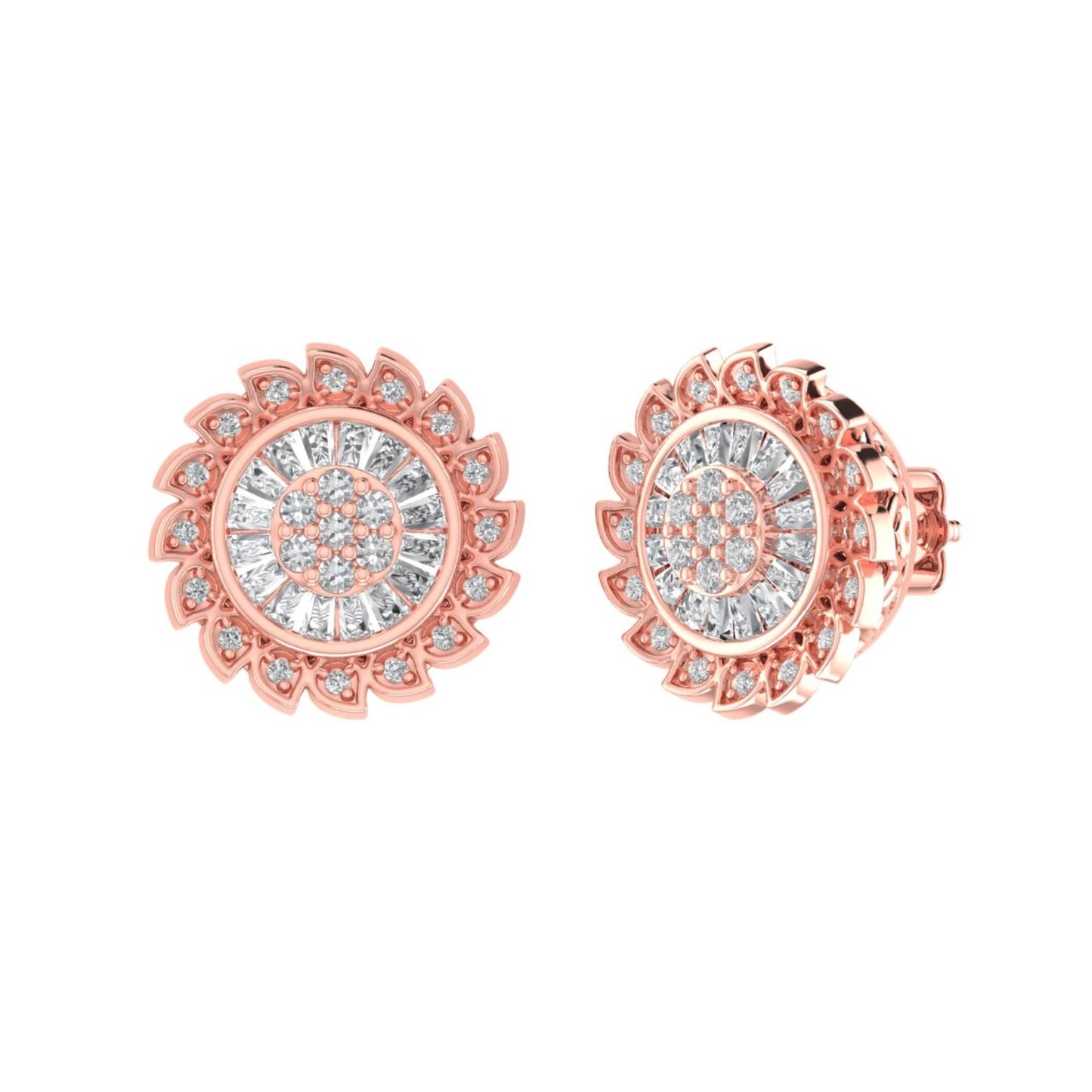 Sterling Silver Round Baguette Diamond Flower Designer Stud Earring RP+PP 3/8 Cttw